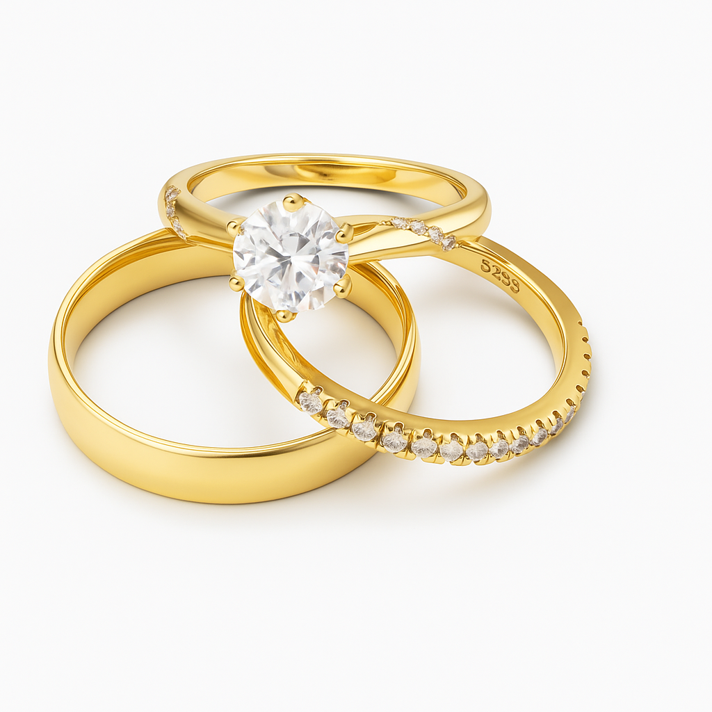 Trio de boda con piedra Moissanita de 1CT - Oro Solido
