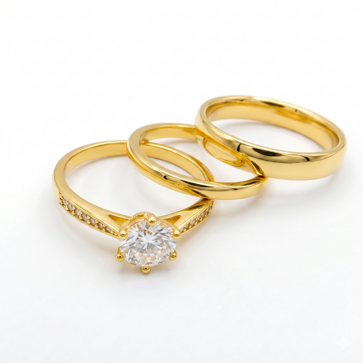 Trío de Boda Nexo Radiante — Set Completo con Moissanite en Vermeil de Oro