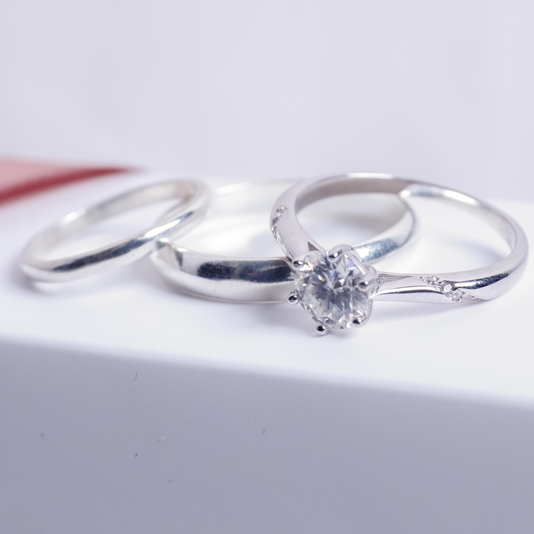 Trío de Bodas en Plata 925 y Cristal de Moissanita