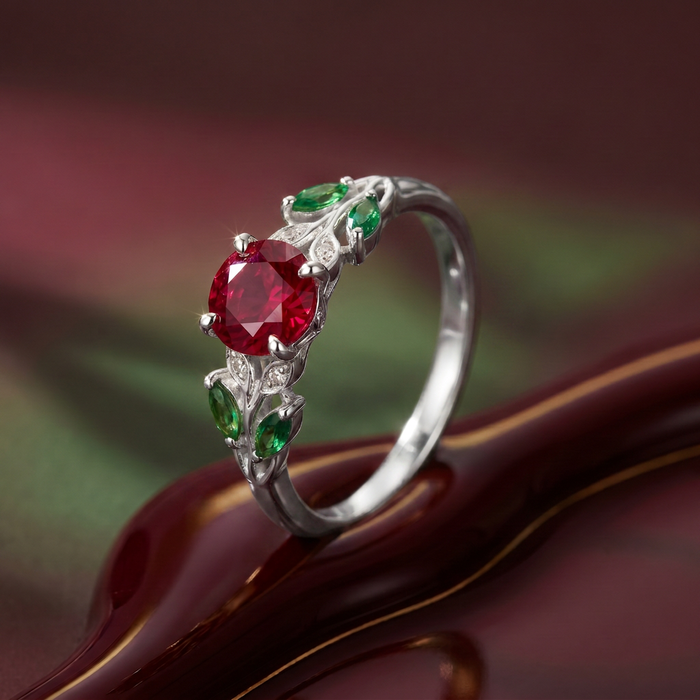 Rosa Eterna · Anillo con rubí, esmeralda y diamante en plata 925 — SilverShine (vista 6)