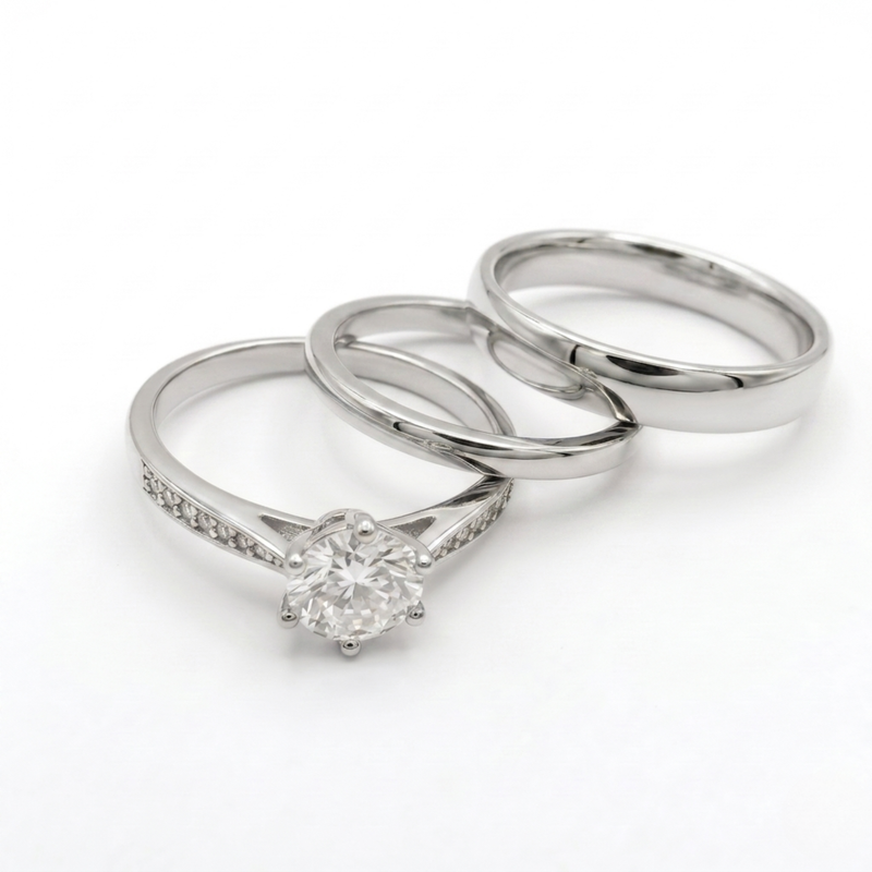 Trio Nexo Radiante - Plata 925 con baño de oro blanco - Moissanita - Banda con halo