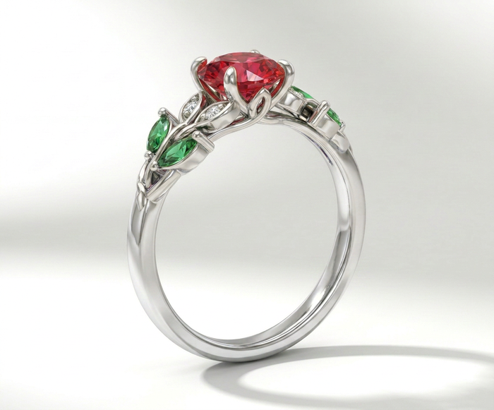 Rosa Eterna · Anillo con rubí, esmeralda y diamante en plata 925 — SilverShine (vista 4)