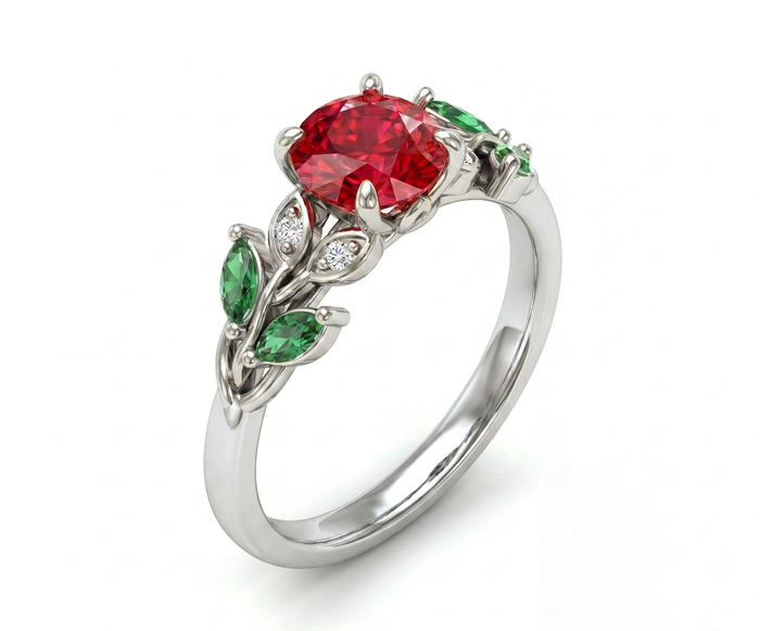 Rosa Eterna · Anillo con rubí, esmeralda y diamante en plata 925 — SilverShine
