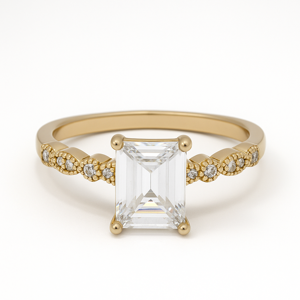 Anillo de compromiso corte esmeralda oro 10K, 14k, oro vermeil 18k