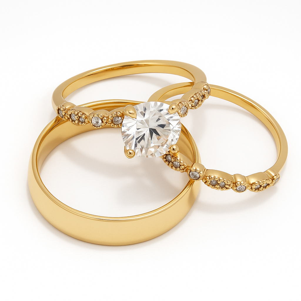 Trío de boda Eco de ternura con piedra moissanita en oro sólido — SilverShine