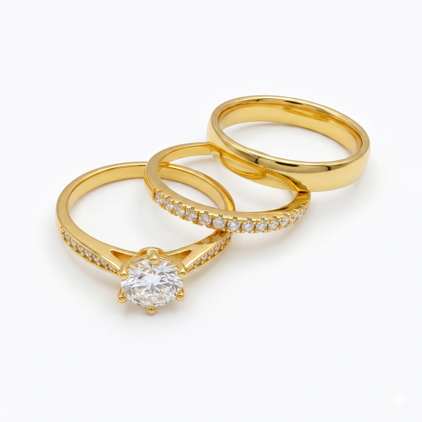 Trío de Boda Nexo Radiante — Set Completo con Moissanite en Vermeil de Oro