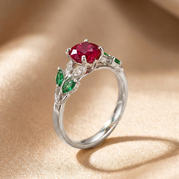 Rosa Eterna · Anillo con rubí, esmeralda y diamante en plata 925 — SilverShine (vista 5)