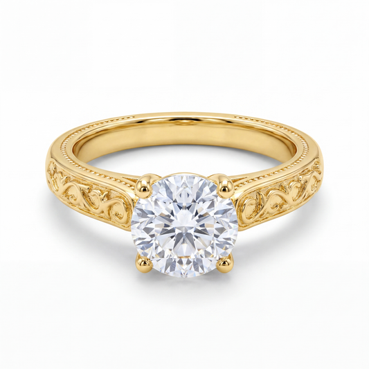 Herencia de Amor — Anillo Solitario Redondo con Filigrana Vintage en Vermeil u Oro Sólido